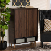 Baxton Studio LV10SC10151WI-Columbia/Gold-Shoe Cabinet Landen Mid-Century Modern Walnut Brown and Gold Finished Wood 2-Door Entryway Shoe storage Cabinet